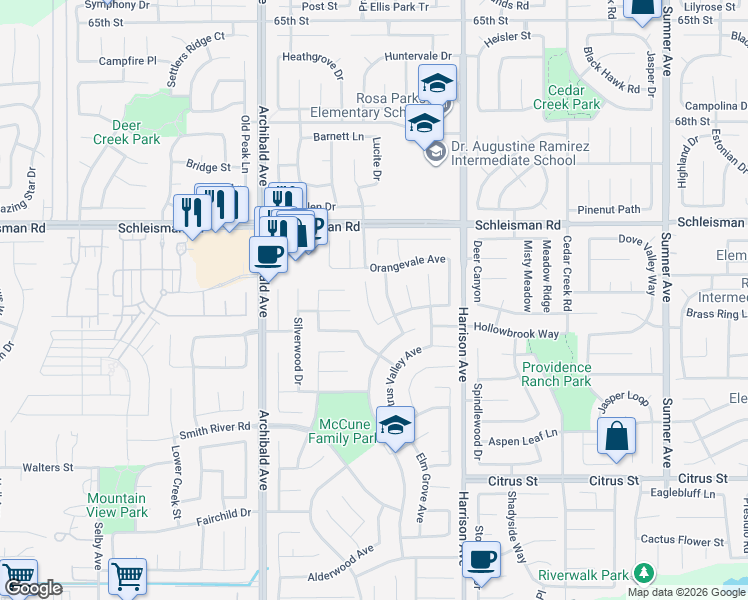 map of restaurants, bars, coffee shops, grocery stores, and more near 7158 Twinspur Court in Corona