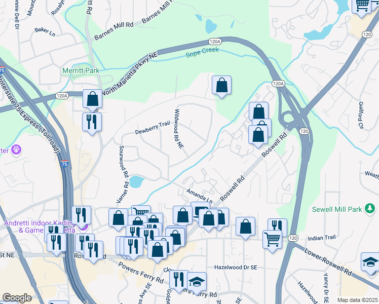map of restaurants, bars, coffee shops, grocery stores, and more near 1653 Wildwood Rd in Marietta