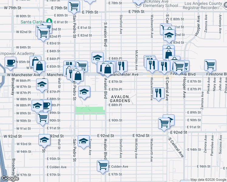 map of restaurants, bars, coffee shops, grocery stores, and more near 628 East 87th Place in Los Angeles
