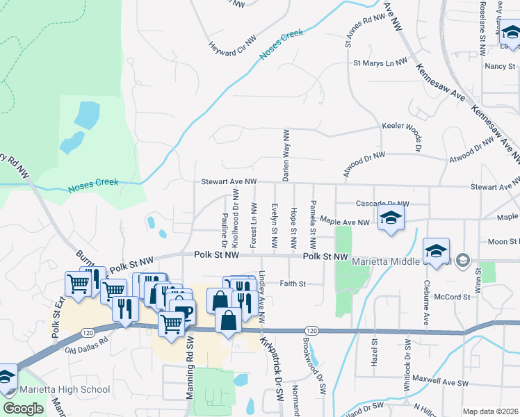 map of restaurants, bars, coffee shops, grocery stores, and more near 261 Evelyn Street Northwest in Marietta