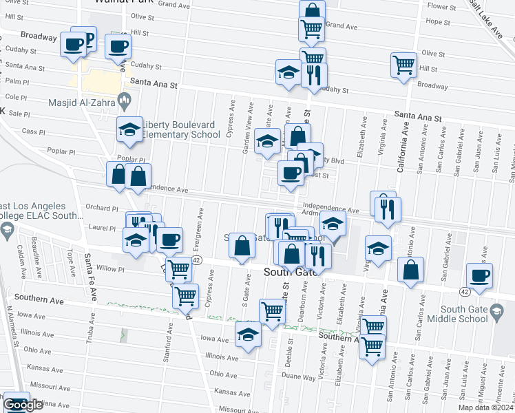 map of restaurants, bars, coffee shops, grocery stores, and more near South Gate Avenue in South Gate
