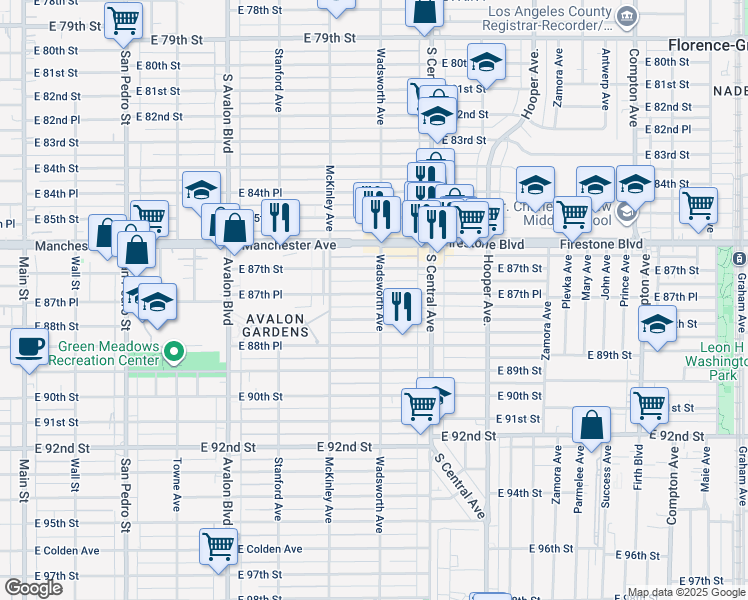 map of restaurants, bars, coffee shops, grocery stores, and more near 854 East 87th Place in Los Angeles