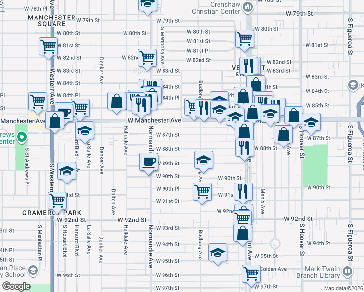 map of restaurants, bars, coffee shops, grocery stores, and more near 1246 West 87th Street in Los Angeles