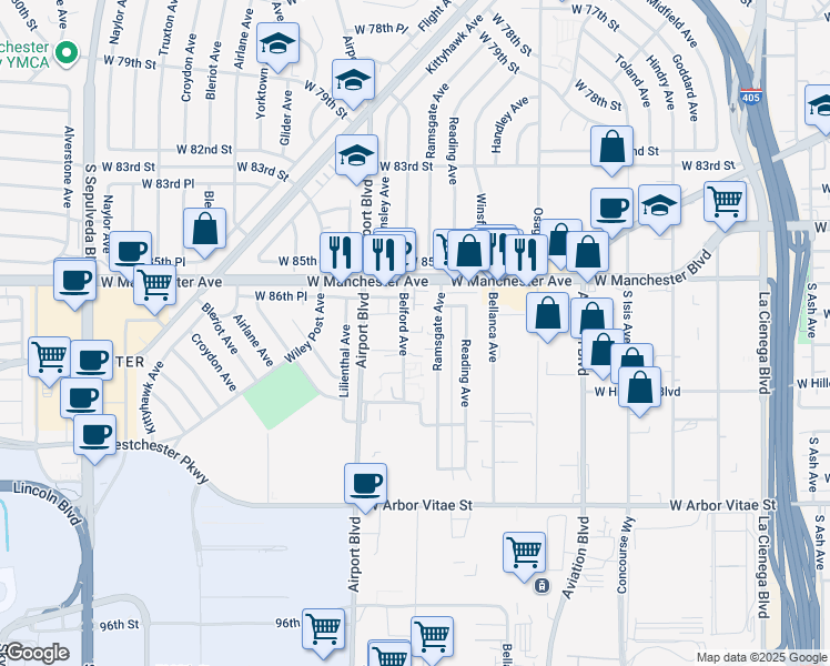 map of restaurants, bars, coffee shops, grocery stores, and more near 8710 Belford Avenue in Los Angeles