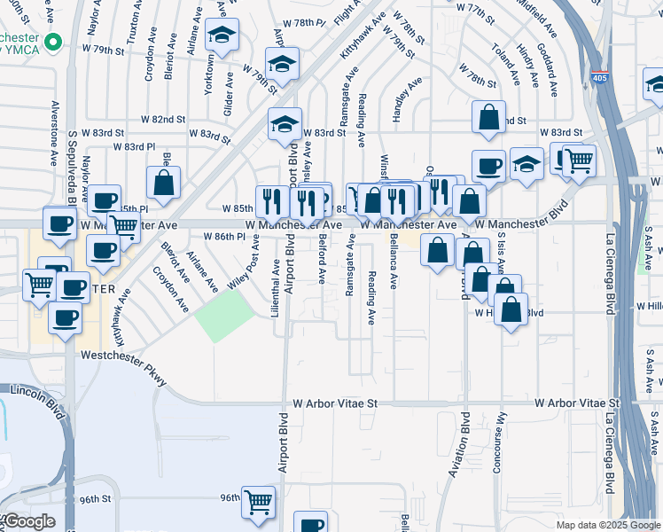 map of restaurants, bars, coffee shops, grocery stores, and more near 8650 Belford Avenue in Los Angeles