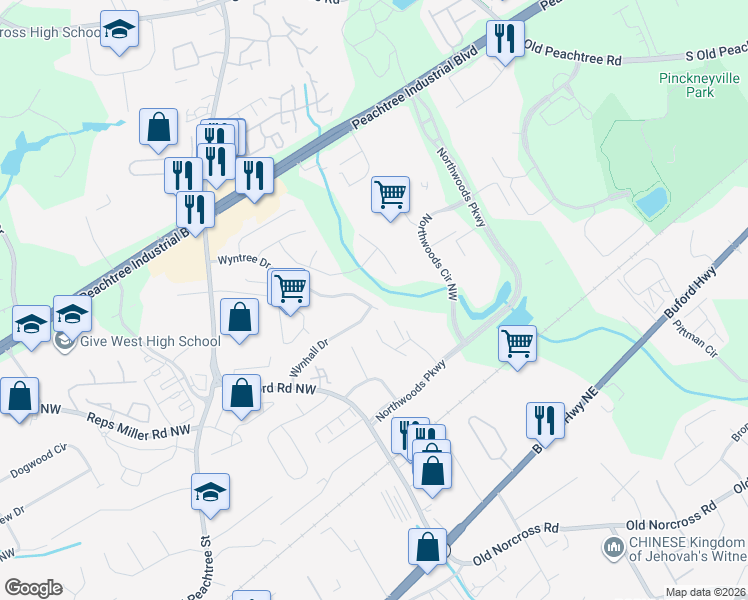 map of restaurants, bars, coffee shops, grocery stores, and more near 3045 Wyntree Drive in Norcross