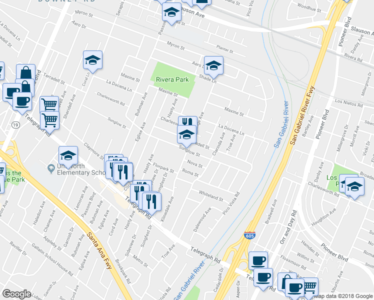 map of restaurants, bars, coffee shops, grocery stores, and more near 8501 Orange Avenue in Pico Rivera