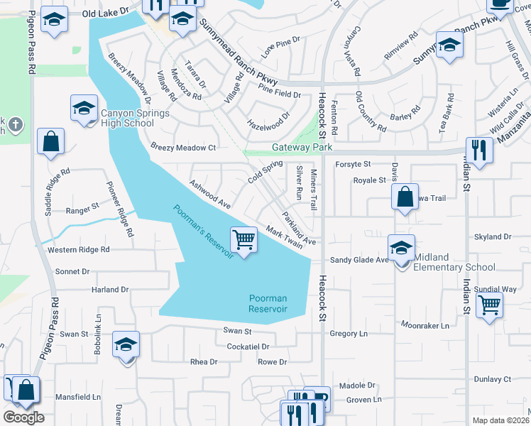 map of restaurants, bars, coffee shops, grocery stores, and more near 11357 Red Hill Road in Moreno Valley