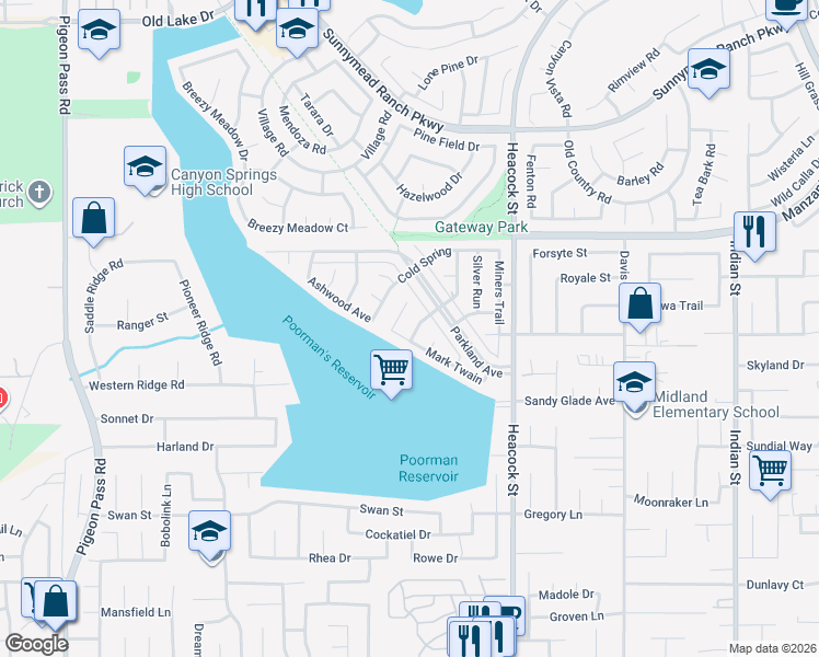 map of restaurants, bars, coffee shops, grocery stores, and more near 11357 Red Hill Road in Moreno Valley