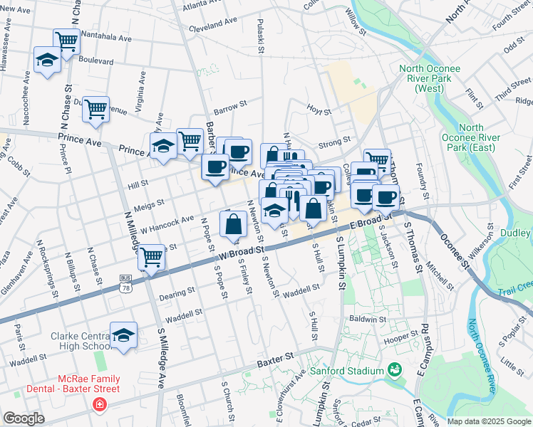 map of restaurants, bars, coffee shops, grocery stores, and more near 247 Pulaski Street in Athens