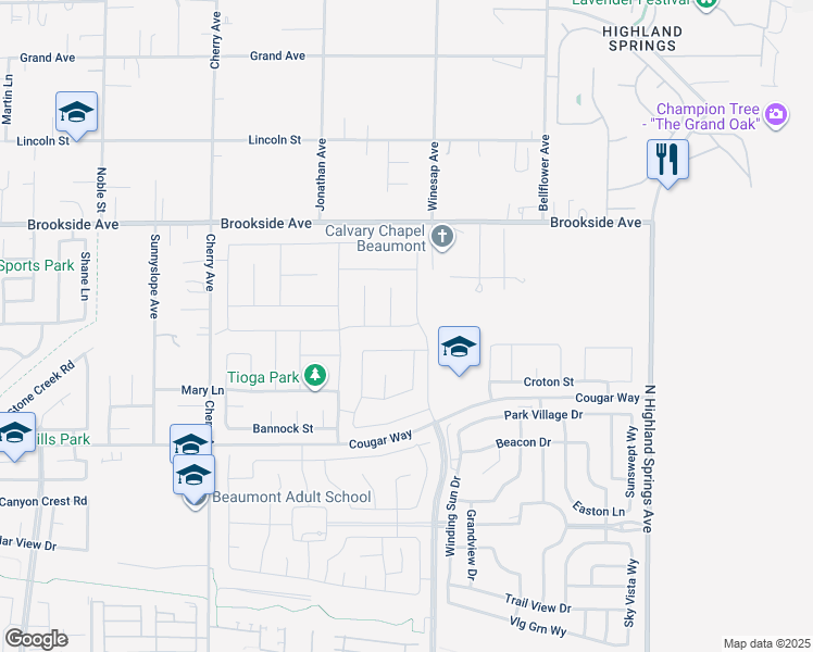 map of restaurants, bars, coffee shops, grocery stores, and more near 1491 Alpine Avenue in Beaumont