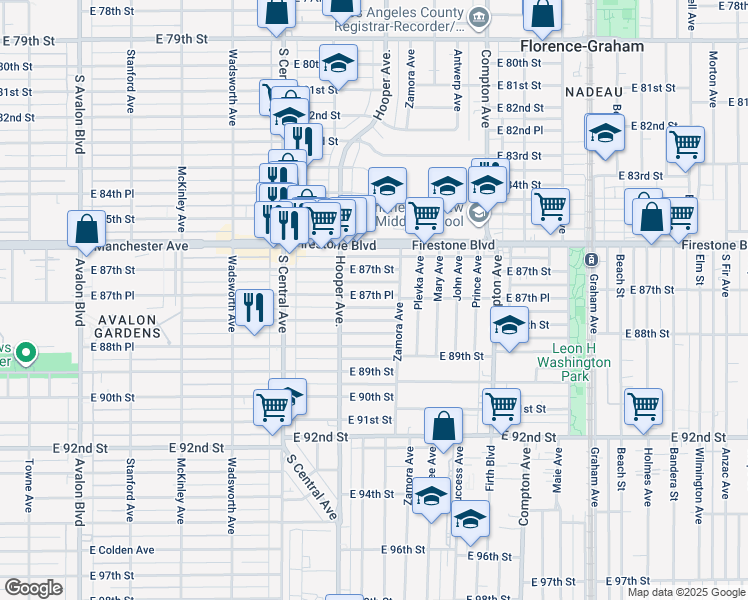 map of restaurants, bars, coffee shops, grocery stores, and more near 1242 East 87th Place in Los Angeles