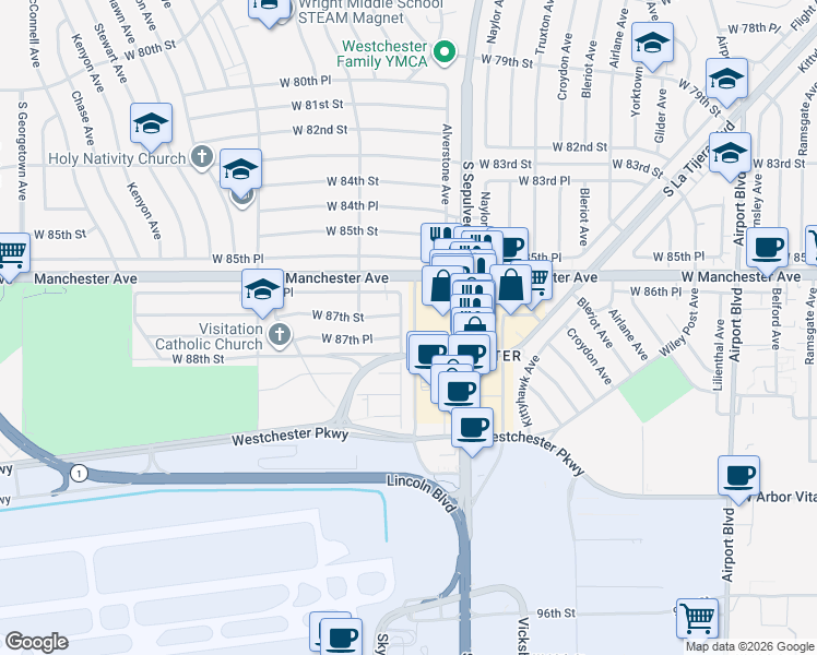 map of restaurants, bars, coffee shops, grocery stores, and more near 8710 El Manor Avenue in Los Angeles