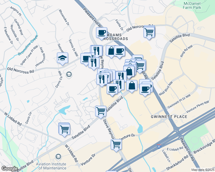 map of restaurants, bars, coffee shops, grocery stores, and more near 3182 Steve Reynolds Boulevard in Duluth