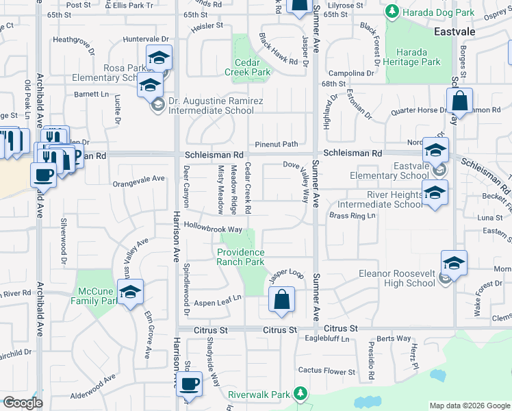 map of restaurants, bars, coffee shops, grocery stores, and more near 7110 Blackbird Lane in Corona
