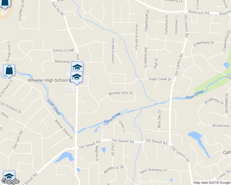 map of restaurants, bars, coffee shops, grocery stores, and more near 2699 Beverly Hills Drive in Marietta