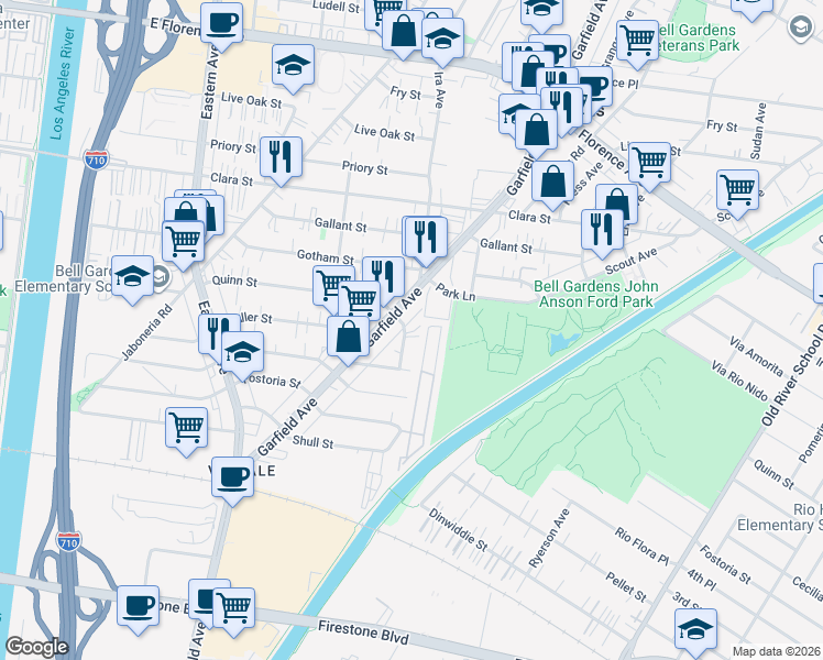 map of restaurants, bars, coffee shops, grocery stores, and more near 8022 Felix Avenue in Bell Gardens
