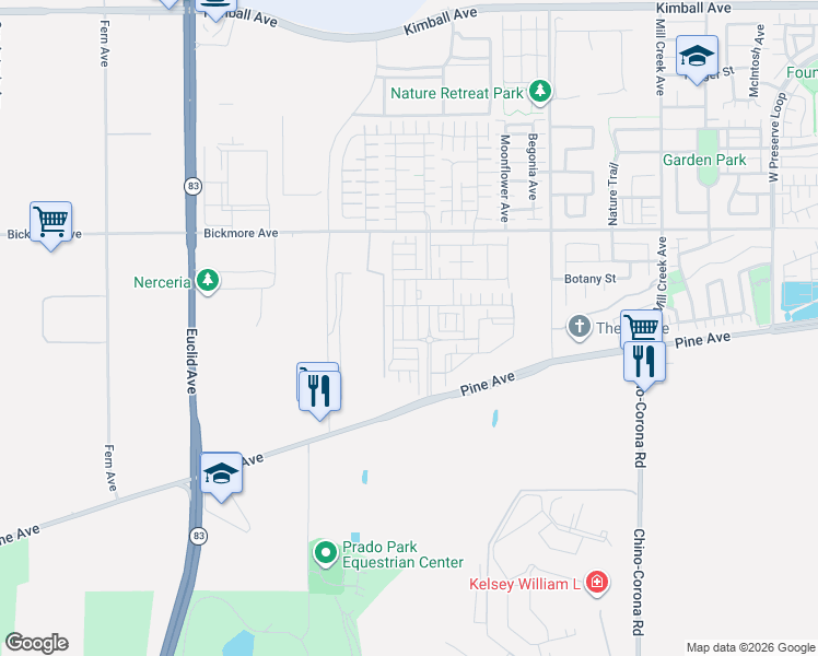 map of restaurants, bars, coffee shops, grocery stores, and more near 16287 Sandpiper Avenue in Chino