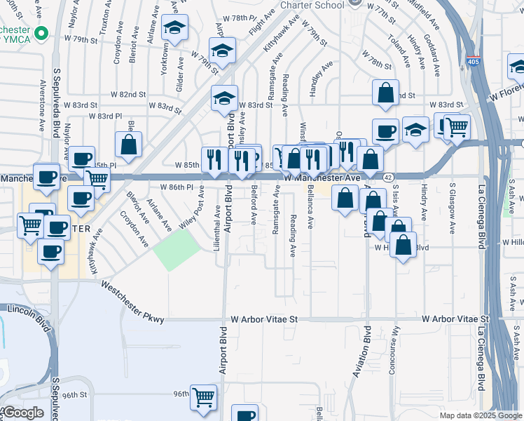 map of restaurants, bars, coffee shops, grocery stores, and more near 8710 Belford Avenue in Los Angeles