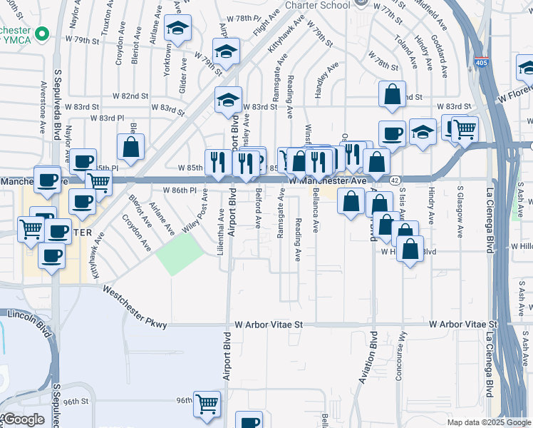 map of restaurants, bars, coffee shops, grocery stores, and more near 8710 Belford Avenue in Los Angeles