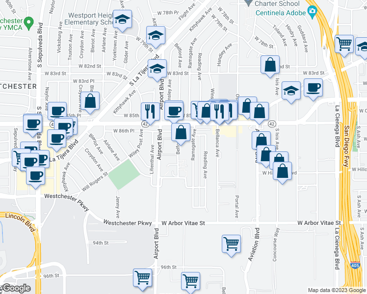 map of restaurants, bars, coffee shops, grocery stores, and more near 8715 Ramsgate Avenue in Los Angeles