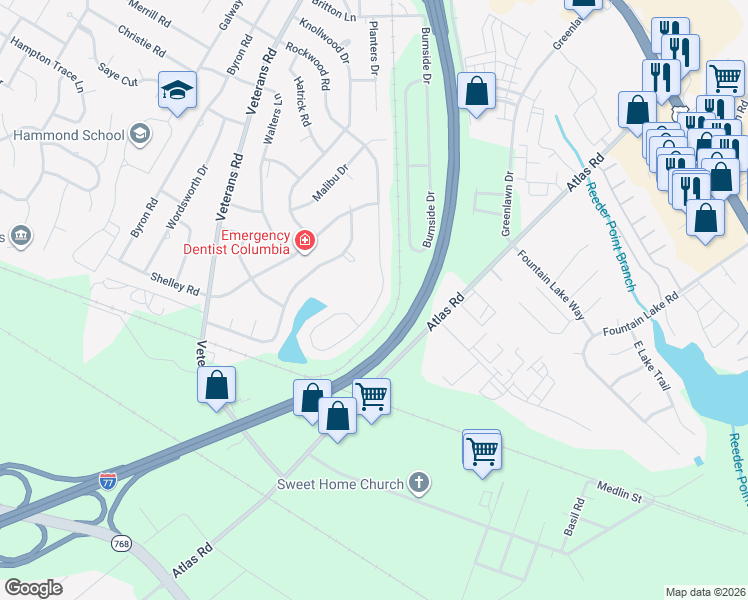 map of restaurants, bars, coffee shops, grocery stores, and more near 1155 Rockwood Road in Columbia