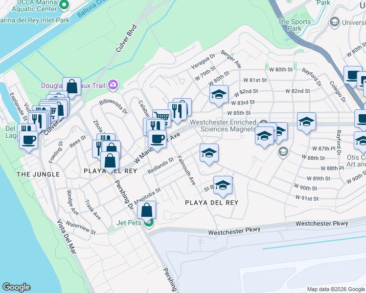map of restaurants, bars, coffee shops, grocery stores, and more near 8500 Falmouth Avenue in Los Angeles