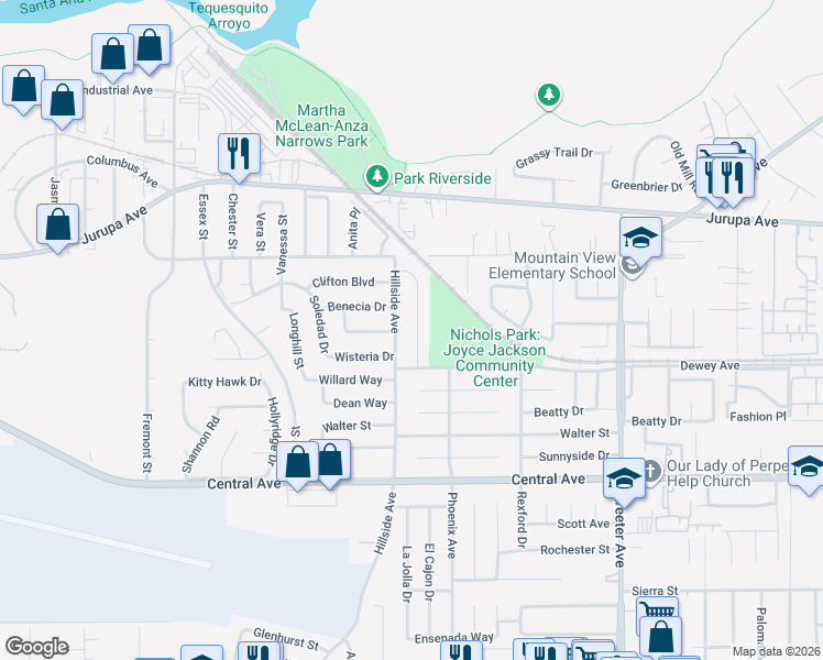 map of restaurants, bars, coffee shops, grocery stores, and more near 6291 Antioch Avenue in Riverside