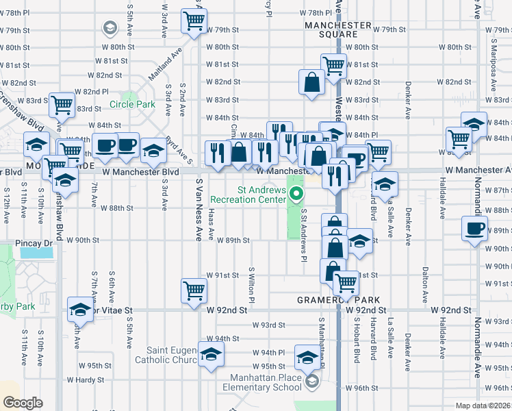 map of restaurants, bars, coffee shops, grocery stores, and more near 8719 South Gramercy Place in Los Angeles