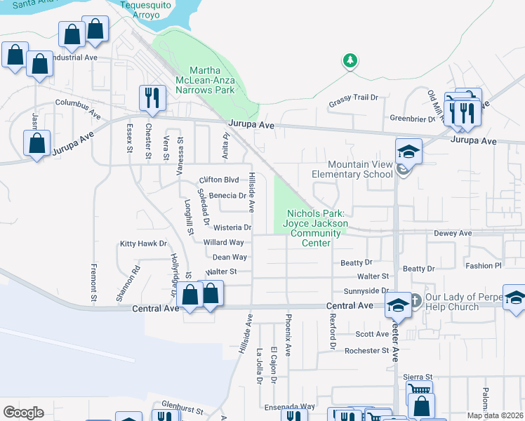 map of restaurants, bars, coffee shops, grocery stores, and more near 5703 Burlingame Drive in Riverside