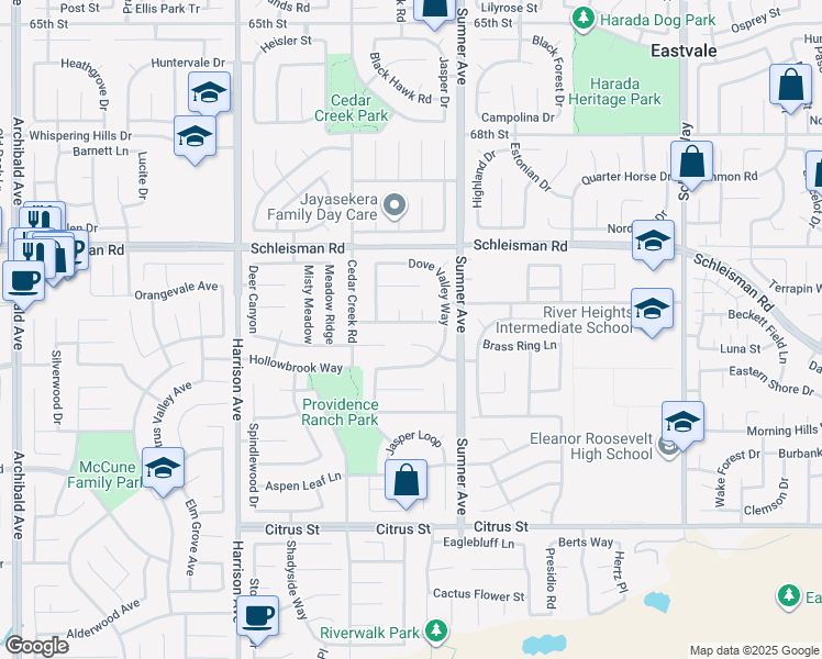 map of restaurants, bars, coffee shops, grocery stores, and more near 13491 Falcon Ridge Road in Corona