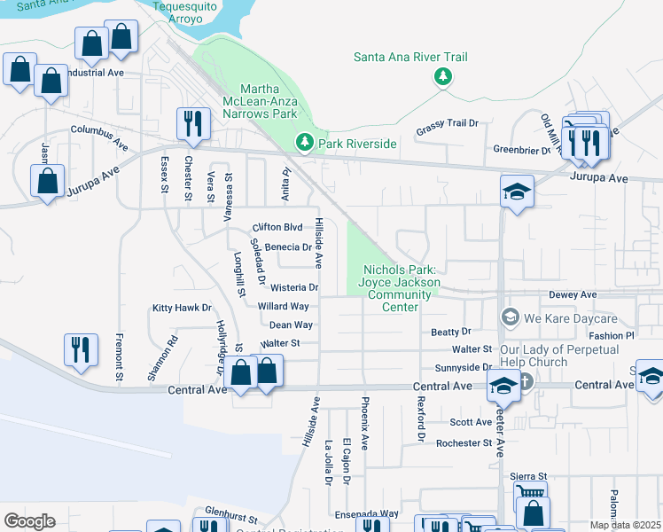 map of restaurants, bars, coffee shops, grocery stores, and more near 6291 Antioch Avenue in Riverside