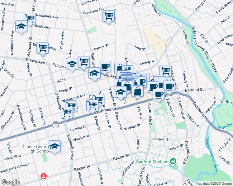 map of restaurants, bars, coffee shops, grocery stores, and more near 247 Pulaski Street in Athens