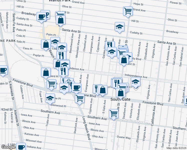 map of restaurants, bars, coffee shops, grocery stores, and more near 3026 Ardmore Avenue in South Gate