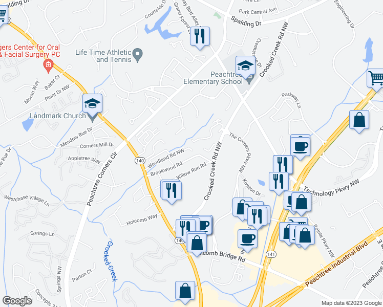 map of restaurants, bars, coffee shops, grocery stores, and more near 6158 Woodland Road Northwest in Norcross