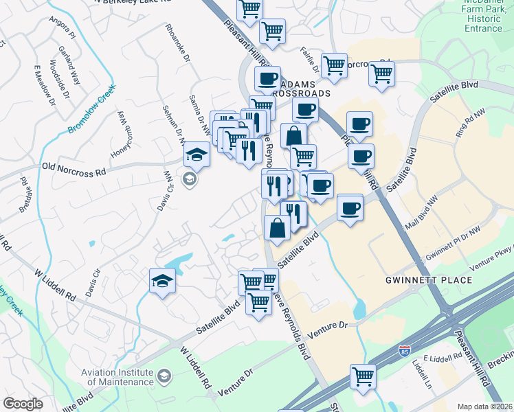 map of restaurants, bars, coffee shops, grocery stores, and more near 3809 Dandridge Way Northwest in Duluth