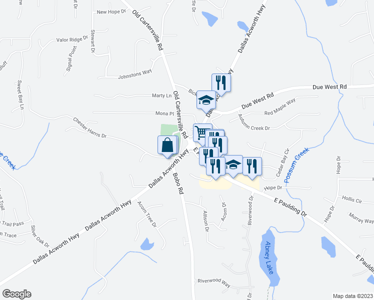 map of restaurants, bars, coffee shops, grocery stores, and more near 0 Dallas Acworth Highway in Dallas