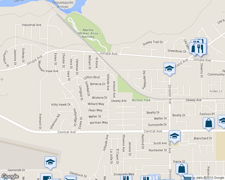 map of restaurants, bars, coffee shops, grocery stores, and more near 5703 Burlingame Drive in Riverside
