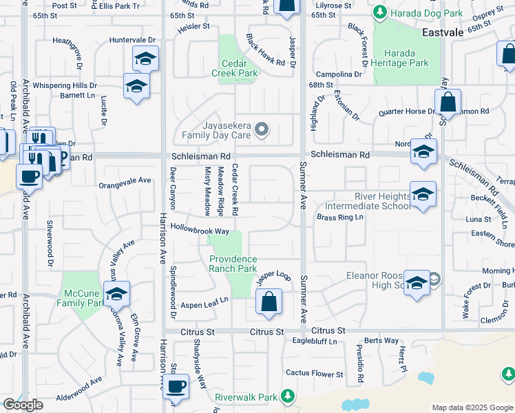 map of restaurants, bars, coffee shops, grocery stores, and more near 7110 Blackbird Lane in Corona