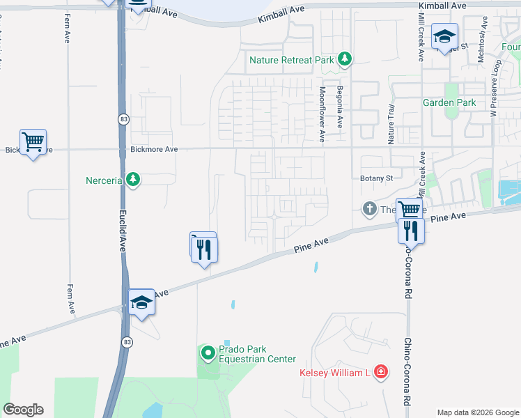 map of restaurants, bars, coffee shops, grocery stores, and more near 16287 Sandpiper Avenue in Chino