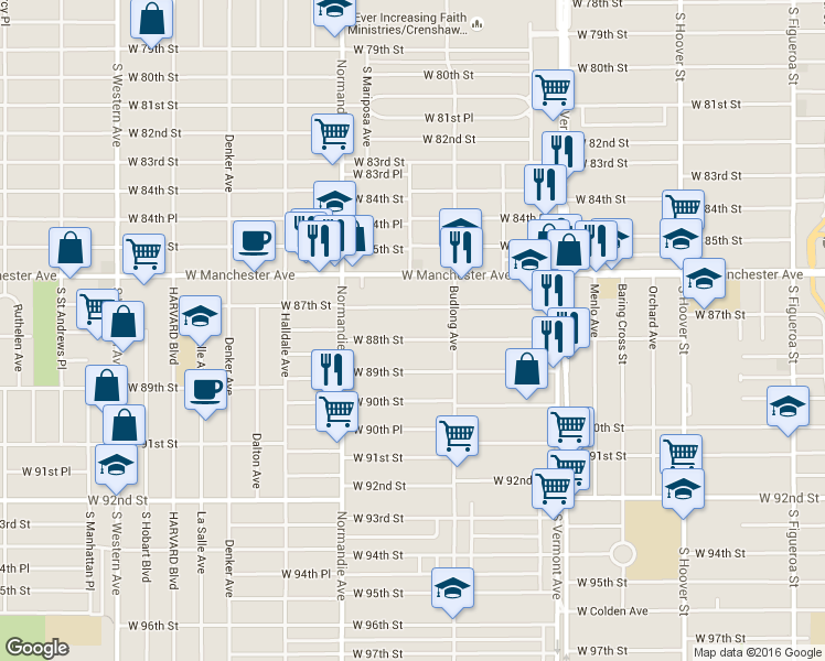 map of restaurants, bars, coffee shops, grocery stores, and more near 1246 West 87th Street in Los Angeles