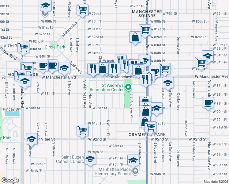 map of restaurants, bars, coffee shops, grocery stores, and more near 8719 South Gramercy Place in Los Angeles