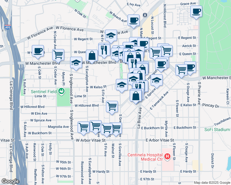 map of restaurants, bars, coffee shops, grocery stores, and more near 124 West Kelso Street in Inglewood
