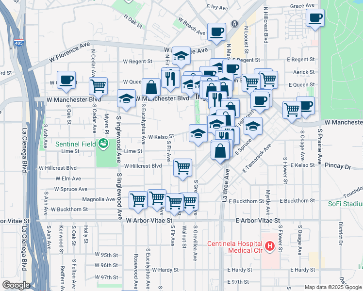 map of restaurants, bars, coffee shops, grocery stores, and more near 124 West Kelso Street in Inglewood