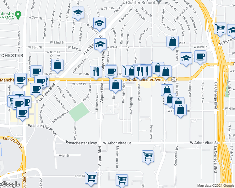map of restaurants, bars, coffee shops, grocery stores, and more near 8715 Ramsgate Avenue in Los Angeles