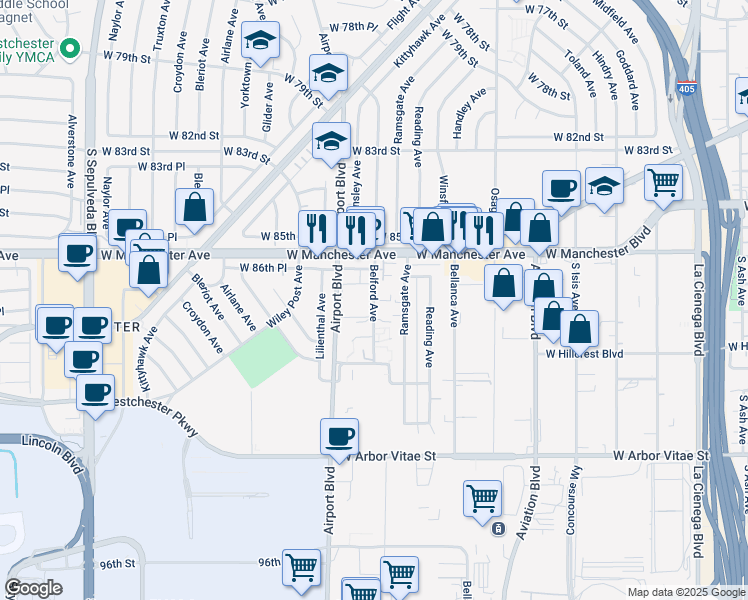 map of restaurants, bars, coffee shops, grocery stores, and more near 8655 Belford Avenue in Los Angeles