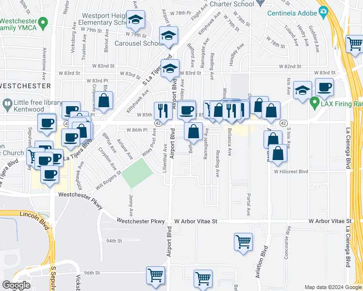 map of restaurants, bars, coffee shops, grocery stores, and more near 8655 Belford Avenue in Los Angeles