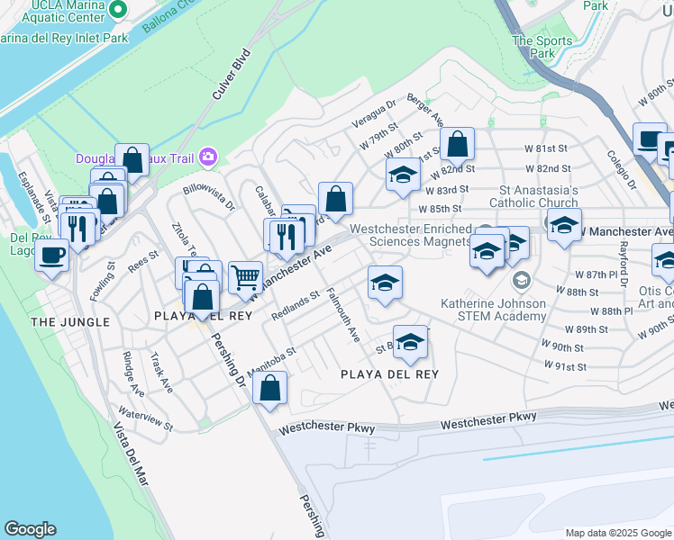 map of restaurants, bars, coffee shops, grocery stores, and more near 8505 Gulana Avenue in Los Angeles