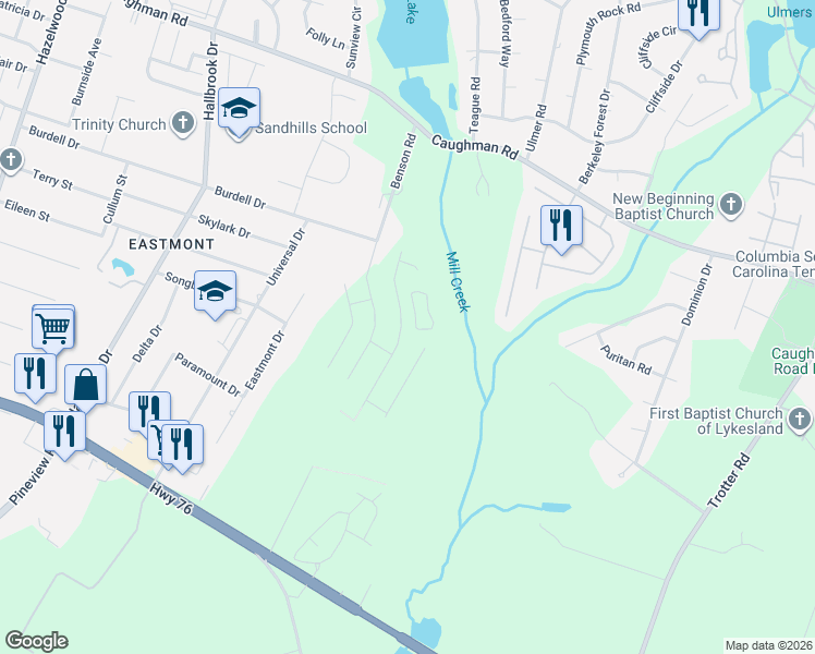 map of restaurants, bars, coffee shops, grocery stores, and more near 1502 Benson Road in Columbia