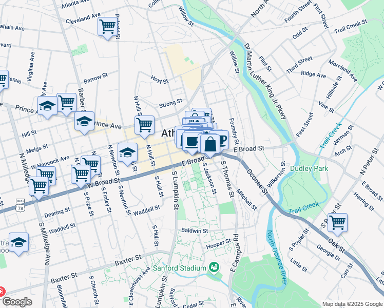 map of restaurants, bars, coffee shops, grocery stores, and more near 216 East Clayton Street in Athens
